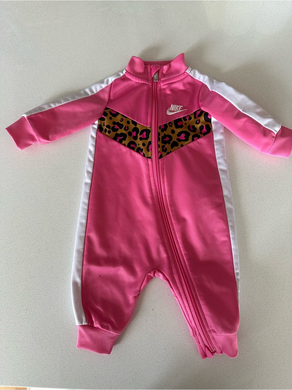 Nike Pink and White Baby One-Piece with Leopard Chevron